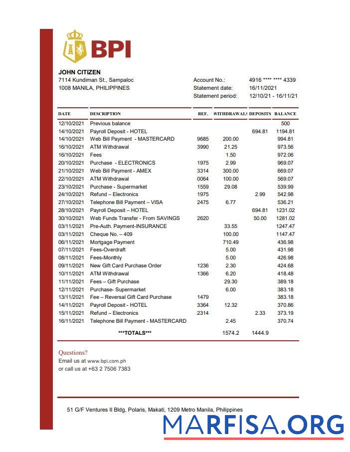 Printable Philippines Bank of the Philippine bank statement excel example